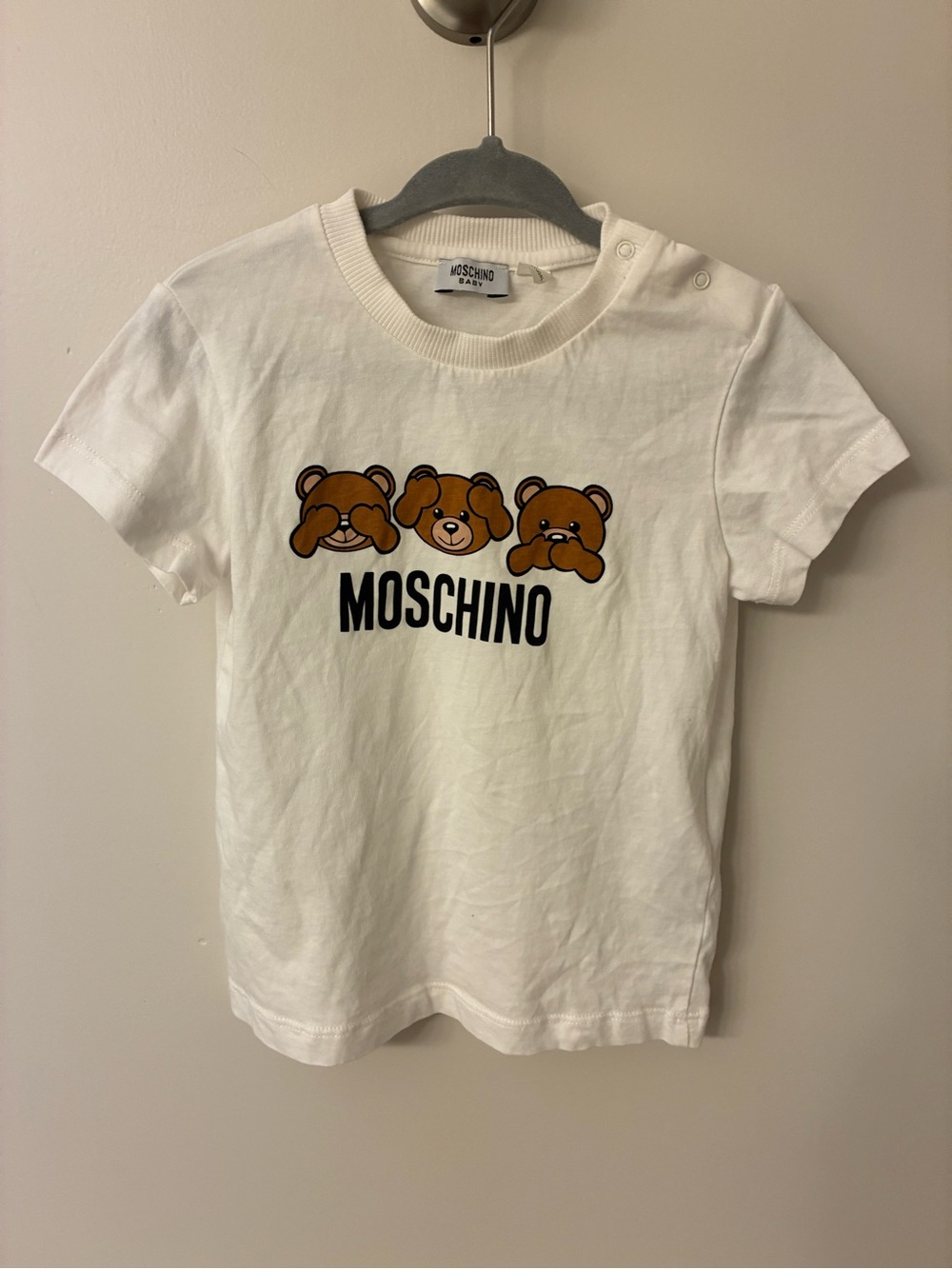 Moschino White Tee with Three Teddy Bears Graphic